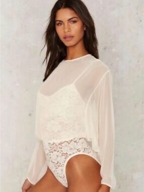 intimissimi Sheer Ivory Lace Long-Sleeve Bodysuit Top